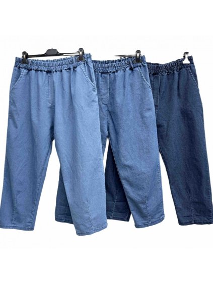 Kalhoty strečové 7/8 dlouhé dámské nadrozměr (56/58 ONE SIZE) POLSKÁ MÓDA IMWT24085/DUR (Velikost 56/58, Barva modrá džínová)