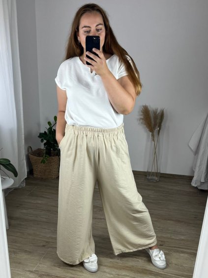 Kalhoty letní dlouhé dámské nadrozměr (56/58 ONE SIZE) POLSKÁ MÓDA IMWT24035/DR (Velikost 56/58, Barva béžová)