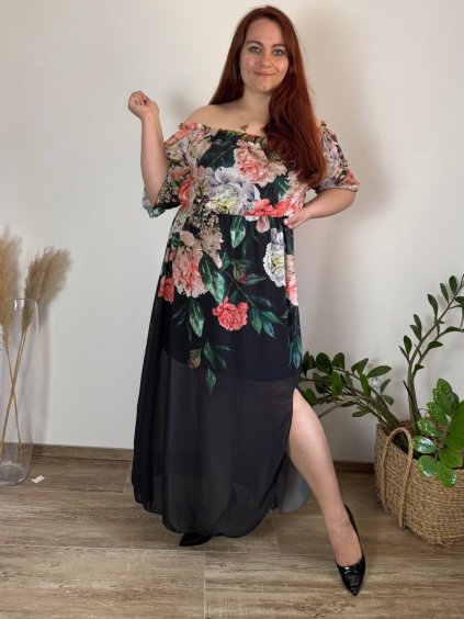 šaty dlouhé šifon carmen květované dámské nadrozměr (52/54/56 ONE SIZE) ITALSKÁ MÓDA IMWT24075/DUR (Velikost 54/56, Barva bílá)