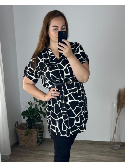 Šaty/tunika košilová s páskem dlouhý rukáv dámské (S/M/L/XL/2XL ONE SIZE) ITALSKá MóDA IM322298-1/DUR (Velikost XL/2XL, Barva Černá)