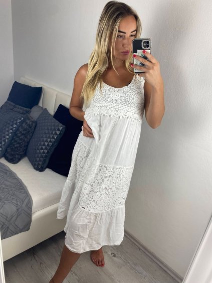 Šaty letní viskozové krajkové na ramínka dámské (S/M ONE SIZE) ITALSKá MóDA IM423201/DUR (Velikost S/M/L, Barva bílá)
