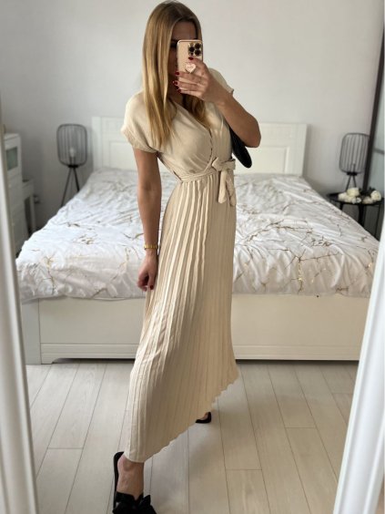 Šaty dlouhé krátký rukáv dámské plisované Sona (S/M ONE SIZE) ITALSKá MóDA IMC24258/DUR (Velikost S/M/L, Barva béžová)