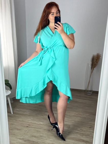 Šaty dlouhé letní krátký rukáv dámské nadrozměr (52/54/ONE SIZE) ITALSKÁ MÓDA IMWT24082/DR (Velikost 52/54, Barva zelená mintova)