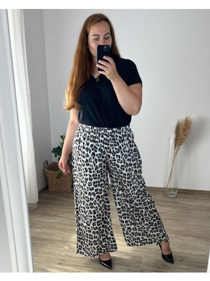 Kalhoty letní dlouhé dámské nadrozměr (54/56 ONE SIZE) POLSKÁ MÓDA IMWT24092/DUR (Velikost 54/56, Barva hnědá leopard)