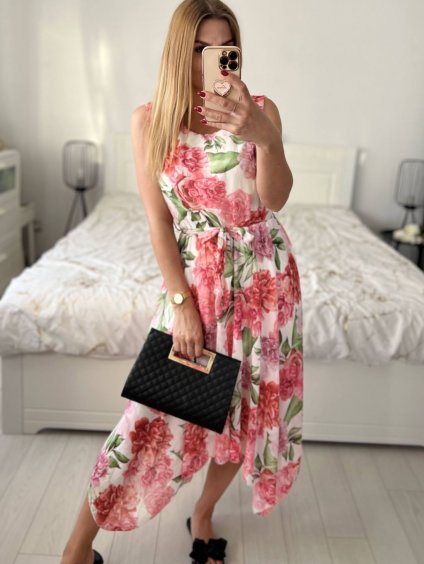 Šaty letní dlouhé na ramínka dámské (S/M ONE SIZE) ITALSKÁ MÓDA IMSM24FLOWER/DU (Velikost S/M/L, Barva béžová krémová)