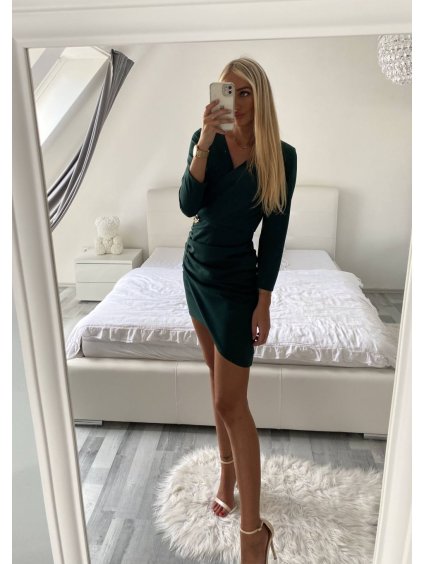 Šaty elegantní dlouhý rukáv dámské (S/M ONE SIZE) ITALSKÁ MÓDA IMHMS23095/DUR (Velikost S/M/L, Barva tmavě smaragdová)
