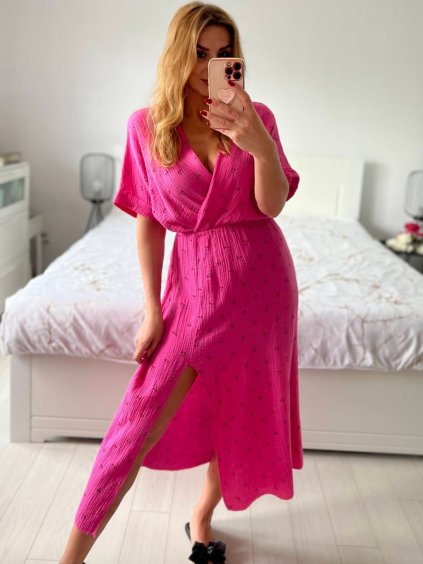 Šaty dlouhé letní krátký rukáv mušelín dámské (S/M/L ONE SIZE) ITALSKÁ MÓDA IMWA24198/DU (Velikost S/M/L, Barva tmavě růžová)