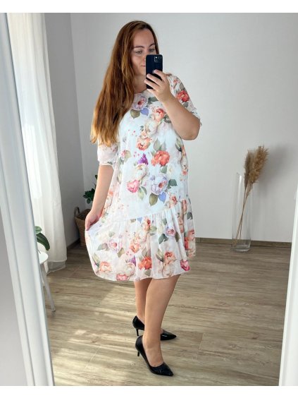Šaty oversize letní šifonové 3/4 dlouhý rukáv dámské nadrozměr (52/54 ONE SIZE) ITALSKÁ MÓDA IMWGB24062/DR (Velikost 52/54, Barva bílá)