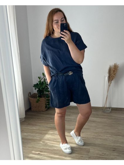 Souprava letní tunika a kraťasy dámská nadrozměr (54/56 ONE SIZE) ITALSKÁ MÓDA IMWEC24057/DR (Velikost 54/56, Barva tmavě modrá)