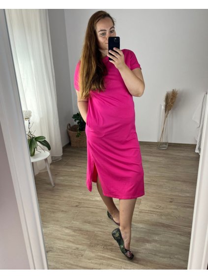 Šaty letní krátký rukáv dámské nadrozměr (50/52 ONE SIZE) ITALSKÁ MÓDA IM424392/DR (Velikost 50/52, Barva tmavě růžová)