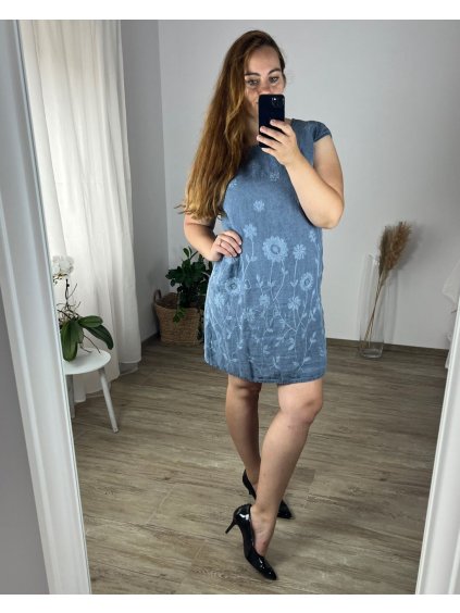 Šaty letní lněné krátký rukáv dámské (M-60) ITALSKá MóDA IM424FLOWER/DR (Velikost 2XL, Barva modrá)