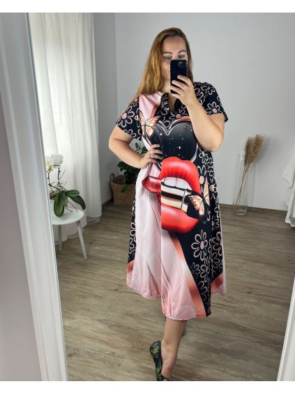 Šaty s krátkým rukávem dámské nadrozměr (L/XL/2XL ONE SIZE) ITALSKÁ MÓDA IMF24LAJLA-4/DR (Velikost XL/2XL, Barva Černá)