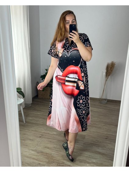 Šaty s krátkým rukávem dámské nadrozměr (L/XL/2XL ONE SIZE) ITALSKÁ MÓDA IMF24LAJLA-4/DR (Velikost XL/2XL, Barva Černá)