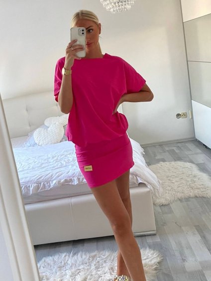 Šaty letní volnočasové krátký rukáv dámské (S/M/L ONE SIZE) ITALSKá MóDA IM424322/DU (Velikost M/L, Barva tmavě růžová)