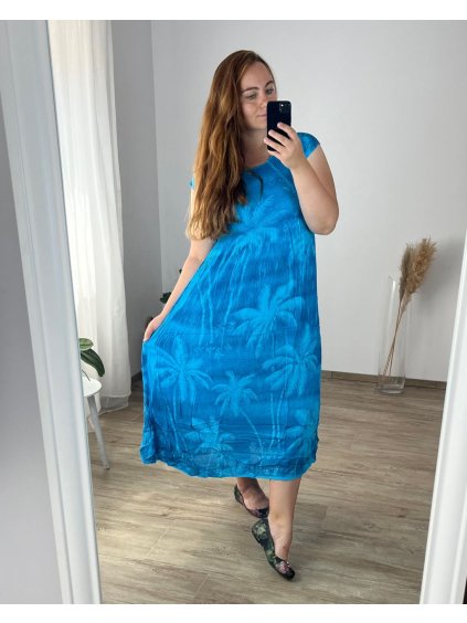 Šaty volnočasové krátký rukáv dámské nadrozměr (52/54 ONE SIZE) ITALSKÁ MÓDA IMBM24B-23594/DU (Velikost 52/54, Barva světle modrá)