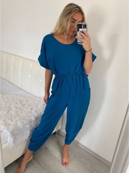 Souprava letní oversize tunika a kalhoty dámská (M/L/XL ONE SIZE) ITALSKÁ MÓDA IMD24033/DU (Velikost M/L, Barva modrá petrolejová)