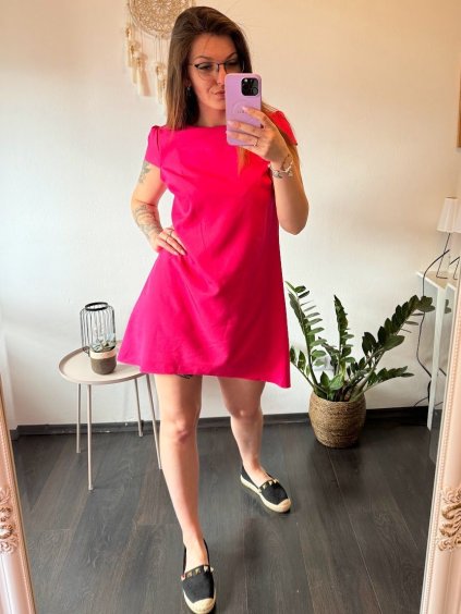 Šaty elegantní krátký rukávek letní dámské (36-38-40-42-44) Polská MÓDA PMLK21LEILATMR/DUR (Velikost 36, Barva tmavě růžová)
