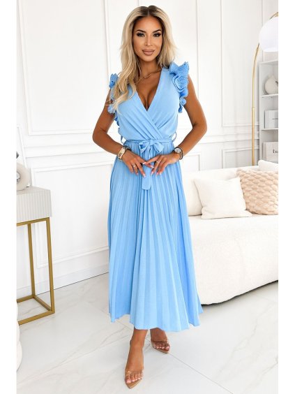 543-2 Plisované midi šaty s výstřihem a jemnými volánky - světle modré (Velikost UNI)