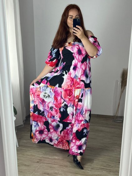 Šaty dlouhé letní carmen dlouhý rukáv dámské nadrozměr (48/50 ONE SIZE) ITALSKÁ MÓDA IMWEC24089/DUR (Velikost 48/50, Barva růžová)