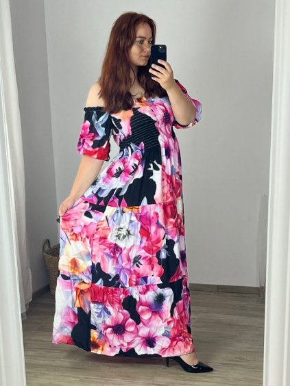 Šaty dlouhé letní carmen dlouhý rukáv dámské nadrozměr (48/50 ONE SIZE) ITALSKÁ MÓDA IMWEC24089/DUR (Velikost 48/50, Barva růžová)