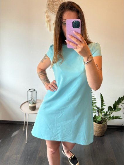Šaty elegantní krátký rukávek letní dámské (36-38-40-42-44) Polská MÓDA PMLK21LEILABLA/DR (Velikost 36, Barva světle modrá)