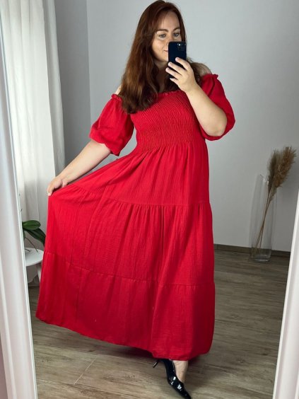 Šaty dlouhé mušelínové letní carmen dlouhý rukáv dámské nadrozměr (48/50 ONE SIZE) ITALSKÁ MÓDA IMWEC24151/DUR (Velikost 48/50, Barva červená)