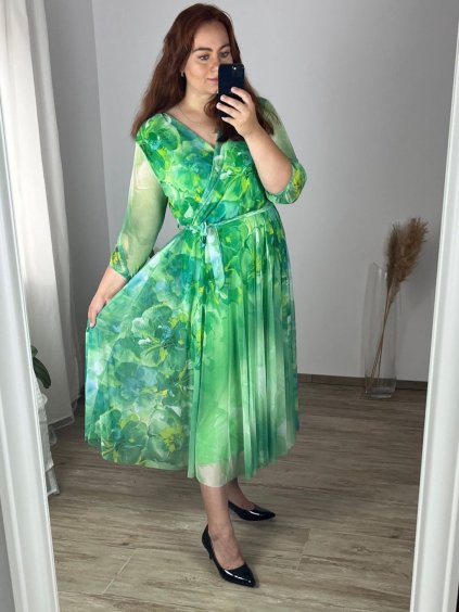 Šaty dlouhé šifonové dlouhý rukáv dámské nadrozměr (44/46 ONE SIZE) ITALSKÁ MÓDA IMWEC24092-1/DUR (Velikost 44/46, Barva zelená)