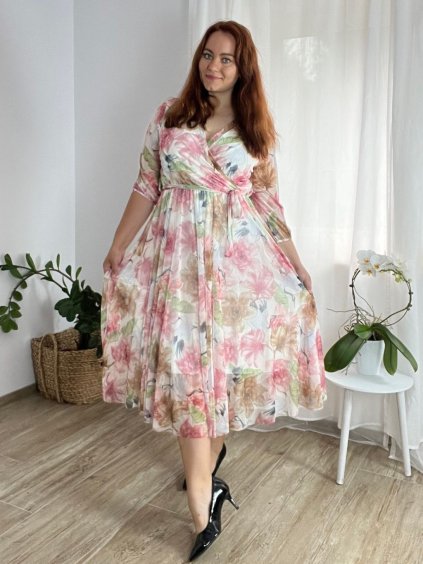 Šaty dlouhé šifonové dlouhý rukáv dámské nadrozměr (44/46 ONE SIZE) ITALSKÁ MÓDA IMWEC24092-1/DUR (Velikost 44/46, Barva růžová)