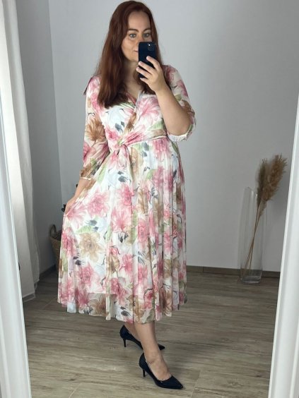 Šaty dlouhé šifonové dlouhý rukáv dámské nadrozměr (44/46 ONE SIZE) ITALSKÁ MÓDA IMWEC24092-1/DUR (Velikost 44/46, Barva růžová)