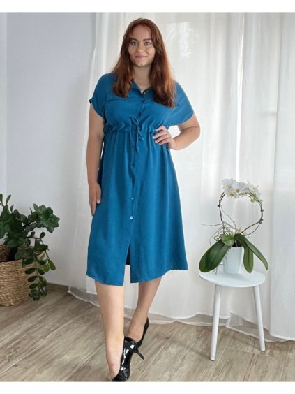 Šaty košilové krátký rukáv dámské nadrozměr (50/52 ONE SIZE) ITALSKá MóDA IM424403/DR (Velikost 50/52, Barva tmavě petrolejová)