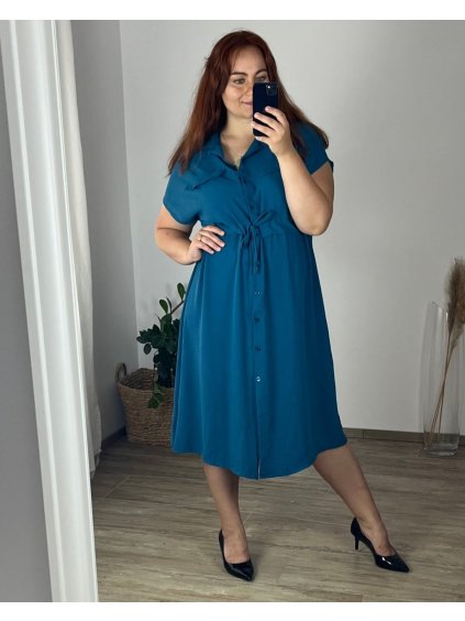 Šaty košilové krátký rukáv dámské nadrozměr (50/52 ONE SIZE) ITALSKá MóDA IM424403/DR (Velikost 50/52, Barva tmavě petrolejová)
