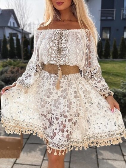 Šaty letní krajkové carmen dlouhý rukáv dámské (S/M ONE SIZE) ITALSKÁ MÓDA IMWGB24052/DUR (Velikost S/M/L, Barva bílá)