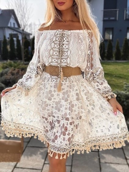 Šaty letní krajkové carmen dlouhý rukáv dámské (S/M ONE SIZE) ITALSKÁ MÓDA IMWGB24052/DUR (Velikost S/M/L, Barva bílá)