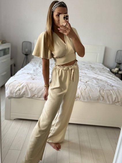Souprava letní top a kalhoty dámské (S/M ONE SIZE) ITALSKá MóDA IM324150/DU (Velikost S/M/L, Barva béžová)