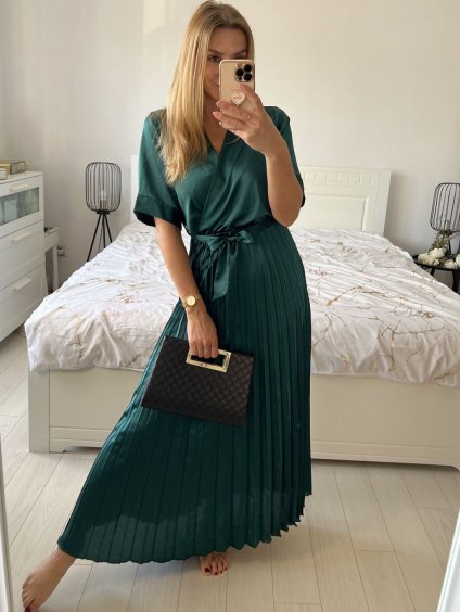 Šaty dlouhé elegantní saténové skládané krátký rukáv dámské (S/M/L ONE SIZE) ITALSKÁ MÓDA IMWCL24146/DU (Velikost S/M/L, Barva modrá královská)