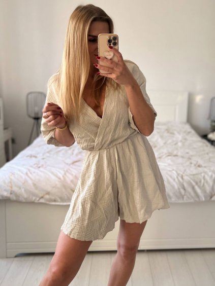 Overal krátký letní mušelín krátký rukáv dámský (S/M/L ONE SIZE) ITALSKÁ MÓDA IM424425/DU (Velikost M/L, Barva béžová)