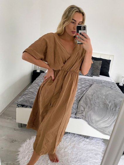 Šaty dlouhé mušelín krátký rukáv dámské (S/M/L ONE SIZE) ITALSKÁ MÓDA IMWBH24056/DU (Velikost M/L, Barva hnědá)