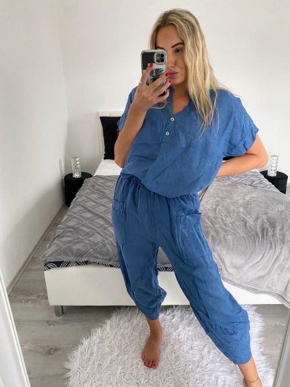 Souprava lněná kalhoty a tunika dámská (S/M/L ONE SIZE) ITALSKÁ MÓDA IMWAD24064/DU (Velikost M/L, Barva bílá)