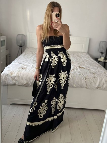 Šaty carmen dlouhé letní žabičkové dámské (S/M ONE SIZE) ITALSKÁ MÓDA IMM24M57279/DU (Velikost S/M/L, Barva Černá)