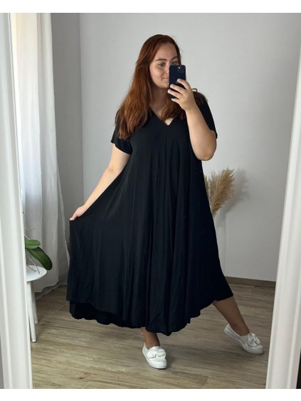 Šaty letní krátký rukáv dámské nadrozměr (56/58 ONE SIZE) ITALSKÁ MÓDA IMSM24017/DU (Velikost 56/58, Barva Černá)