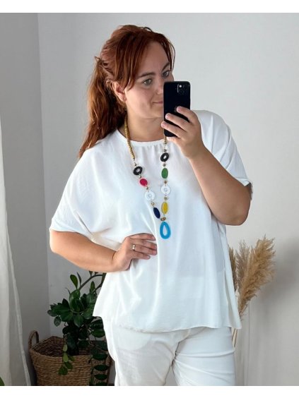 Tunika s přívěskem krátký rukáv dámská nadrozměr (54/56 ONE SIZE) ITALSKá MODA IM324STELA/DU (Velikost 54/56, Barva bílá)