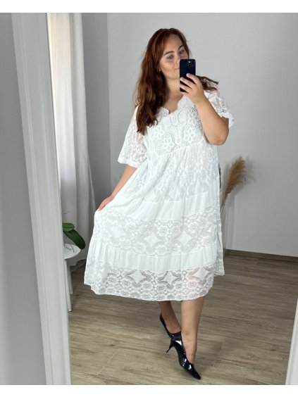 Šaty krajkové letní krátký rukáv dámské nadrozměr (56/58 ONE SIZE) ITALSKÁ MODA IMSM24013/DR (Velikost 56/58, Barva bílá)