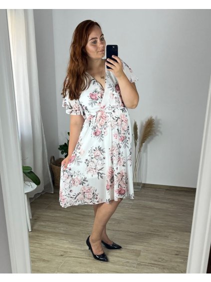 Šaty letní šifonové krátký rukáv dámské nadrozměr (48/50 ONE SIZE) ITALSKÁ MÓDA IMWGM24148/DUR (Velikost 48/50, Barva bílá)