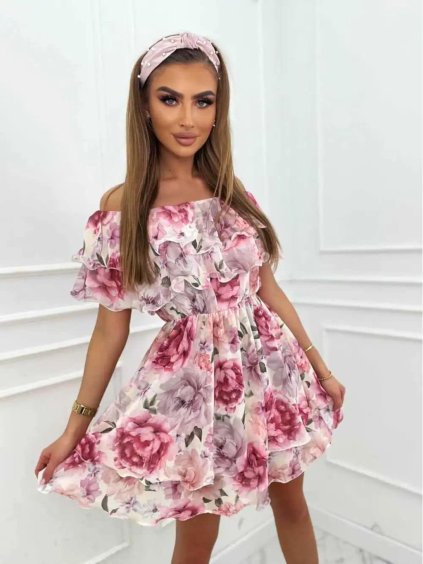 Šaty carmen přes ramena letní  dámské (S/M ONE SIZE) ITALSKÁ MÓDA IMM24M5076/DUR (Velikost S/M/L, Barva růžová)