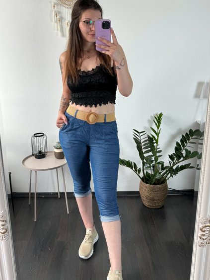 Kalhoty krátké 7/8 strečové riflové dámské (S/M ONE SIZE) ITALSKÁ MODA IM424BARKA/DR (Velikost M/L, Barva světle modrá)
