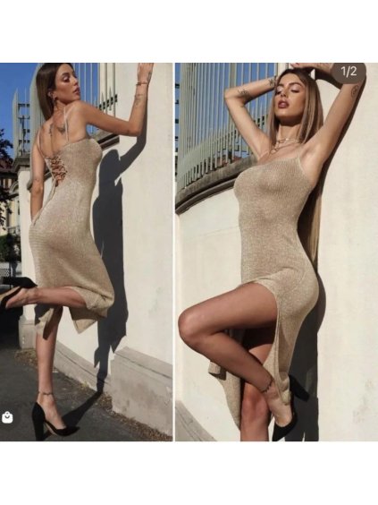 Šaty dlouhé elegantní letní na ramínka dámské (S/M ONE SIZE) ITALSKÁ MÓDA IMPMD242090w/DUR (Velikost S/M/L, Barva zlatá)