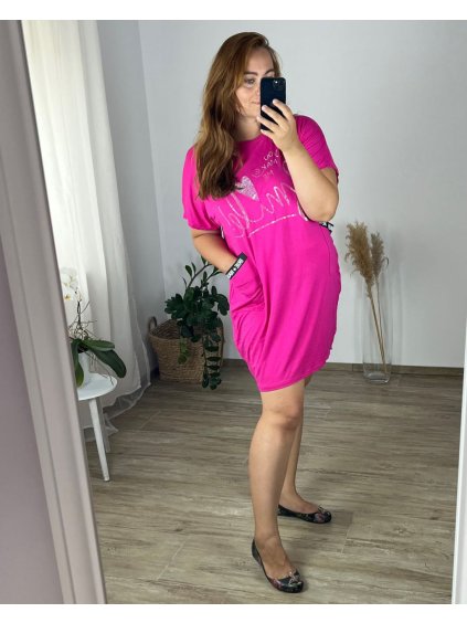Šaty volnočasové krátký rukáv dámské nadrozměr (54/56 ONE SIZE) ITALSKá MóDA IM424190/DR (Velikost 54/56, Barva tmavě růžová)
