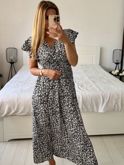 Šaty dlouhé žabičkované letní krátký rukáv dámské (M/L, XL/2XL ONE SIZE)  IMB2428-1/DUR (Velikost M/L, Barva Černá)