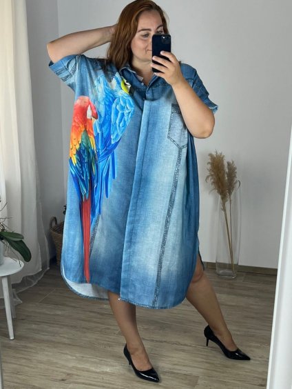 Šaty dlouhé košilové 3/4 dlouhý rukáv dámské nadrozměr (56/58 ONE SIZE) ITALSKÁ MÓDA IMWGS24535/DR (Velikost 56/58, Barva modrá)