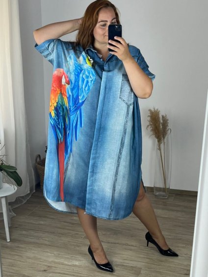 Šaty dlouhé košilové 3/4 dlouhý rukáv dámské nadrozměr (56/58 ONE SIZE) ITALSKÁ MÓDA IMWGS24535/DR (Velikost 56/58, Barva modrá)